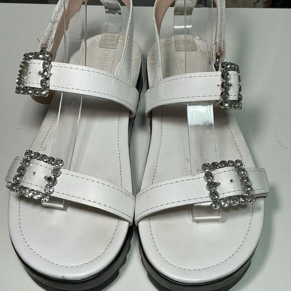 Schutz Ruth Embellished Leather Flatform Slingback Sandals White Crystal 7.5 - Picture 7 of 15